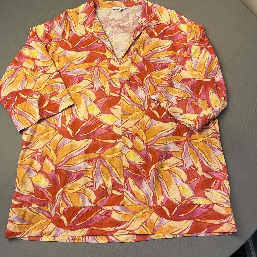 Z Supply Mallory Large Stained Glass Tropical Floral Linen Blend Tunic Coverup